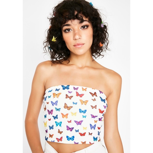 Butterfly Print Tube Top Crop Y2K 90s Insp - Picture 4 of 12